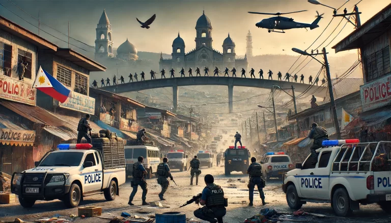 DALL·E 2024-06-13 16.11.12 - A scene in Davao City with a heavy police presence, showing multiple police vehicles and officers, creating a tense atmosphere. The background should