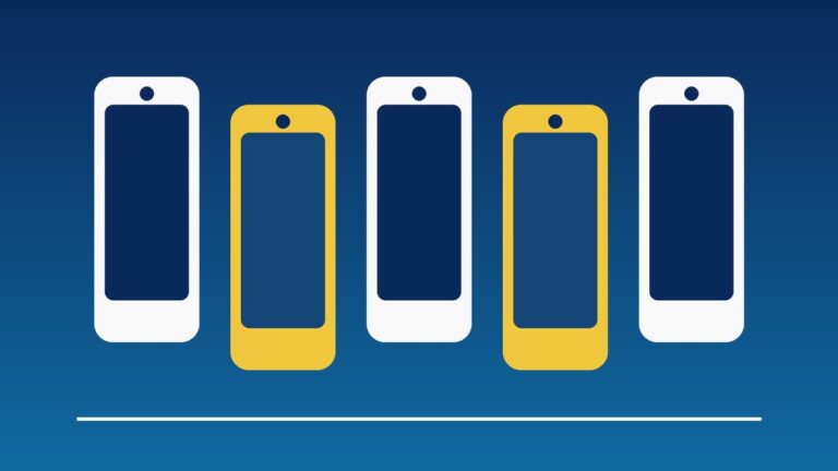 Illustration of five smartphones in white and yellow on a blue background