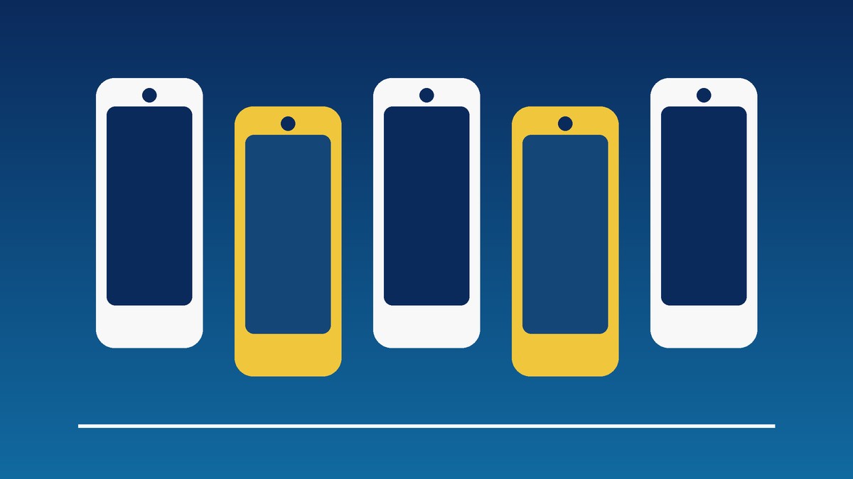 Illustration of five smartphones in white and yellow on a blue background