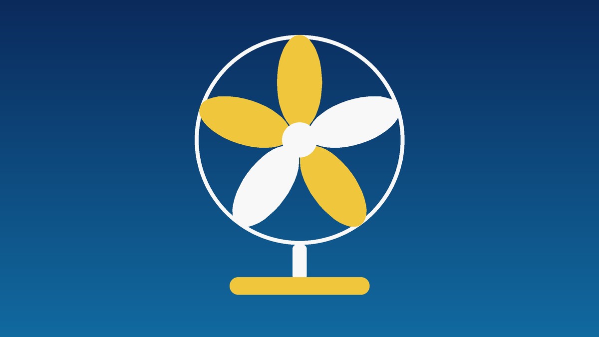 Illustration of a stand fan with yellow and white blades on a blue background