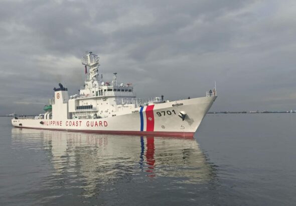 Philippine Coast Guard vessel BRP Teresa Magbanua (MRRV-9701) at sea under a cloudy sky
