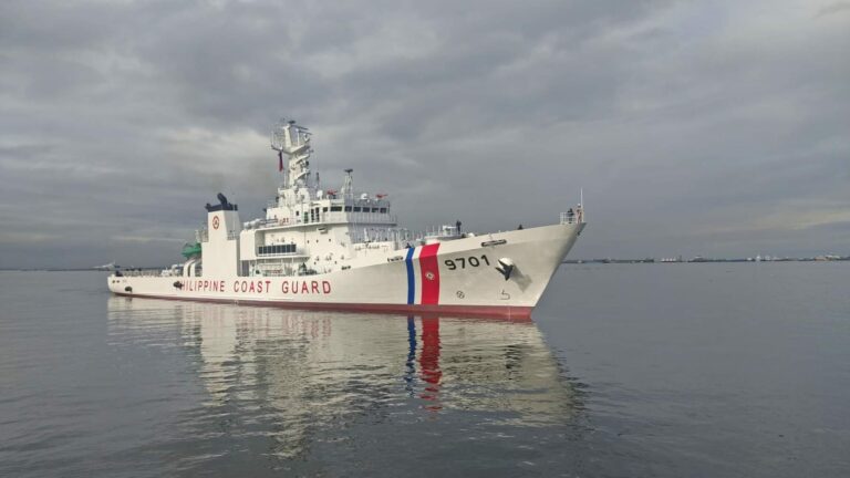 Philippine Coast Guard vessel BRP Teresa Magbanua (MRRV-9701) at sea under a cloudy sky