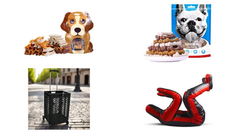 Yaho Munchy Sticks dog snack pack, Yaho chew bones, a foldable grocery trolley and a red grappling dummy from Bulk Bayan
