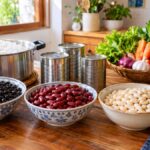 Bowls of black, red and white beans with rice, vegetables and cans on a kitchen table