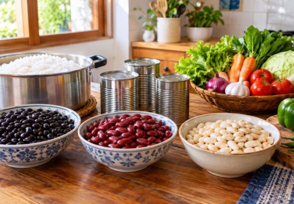 Bowls of black, red and white beans with rice, vegetables and cans on a kitchen table