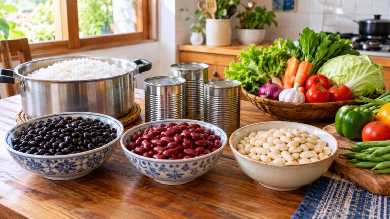 Bowls of black, red and white beans with rice, vegetables and cans on a kitchen table