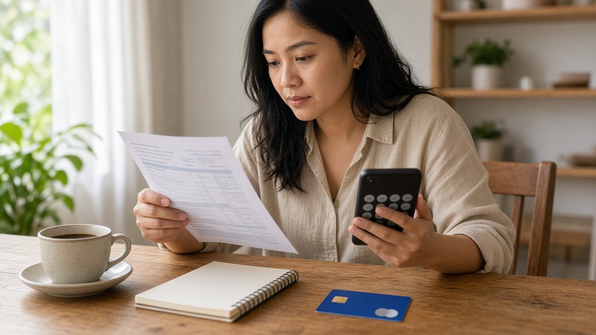 Filipino woman reviewing her credit card statement and computing her payment on a phone calculator