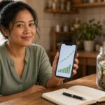 Filipino woman at a kitchen table holding a phone with a savings growth chart beside a jar of coins and bills