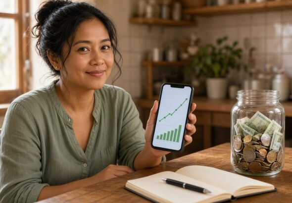 Filipino woman at a kitchen table holding a phone with a savings growth chart beside a jar of coins and bills