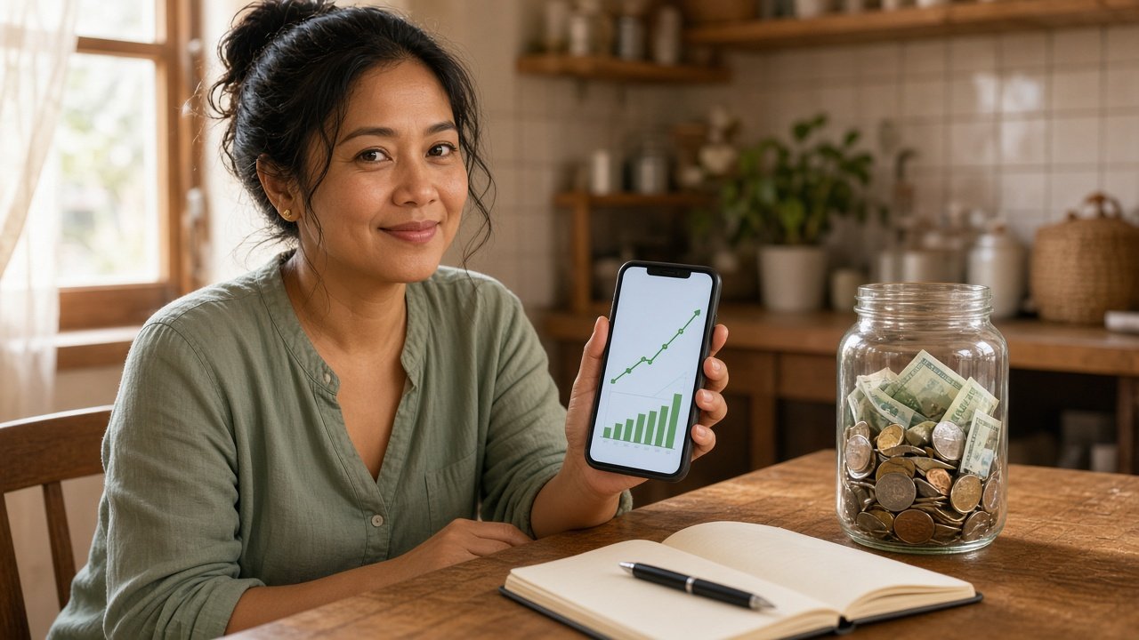 Filipino woman at a kitchen table holding a phone with a savings growth chart beside a jar of coins and bills
