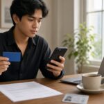 Young Filipino professional holding a blue credit card and smartphone at a desk with an ID, payslip and laptop