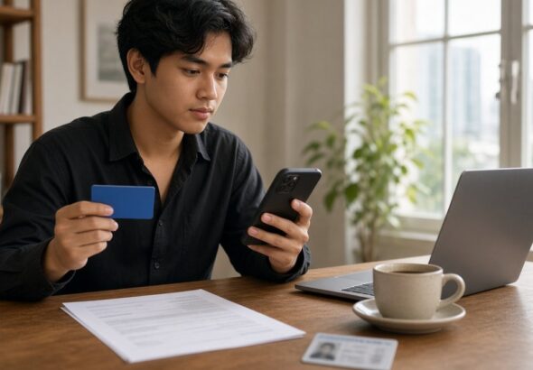 Young Filipino professional holding a blue credit card and smartphone at a desk with an ID, payslip and laptop