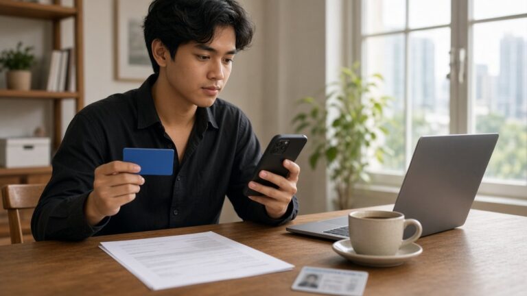 Young Filipino professional holding a blue credit card and smartphone at a desk with an ID, payslip and laptop