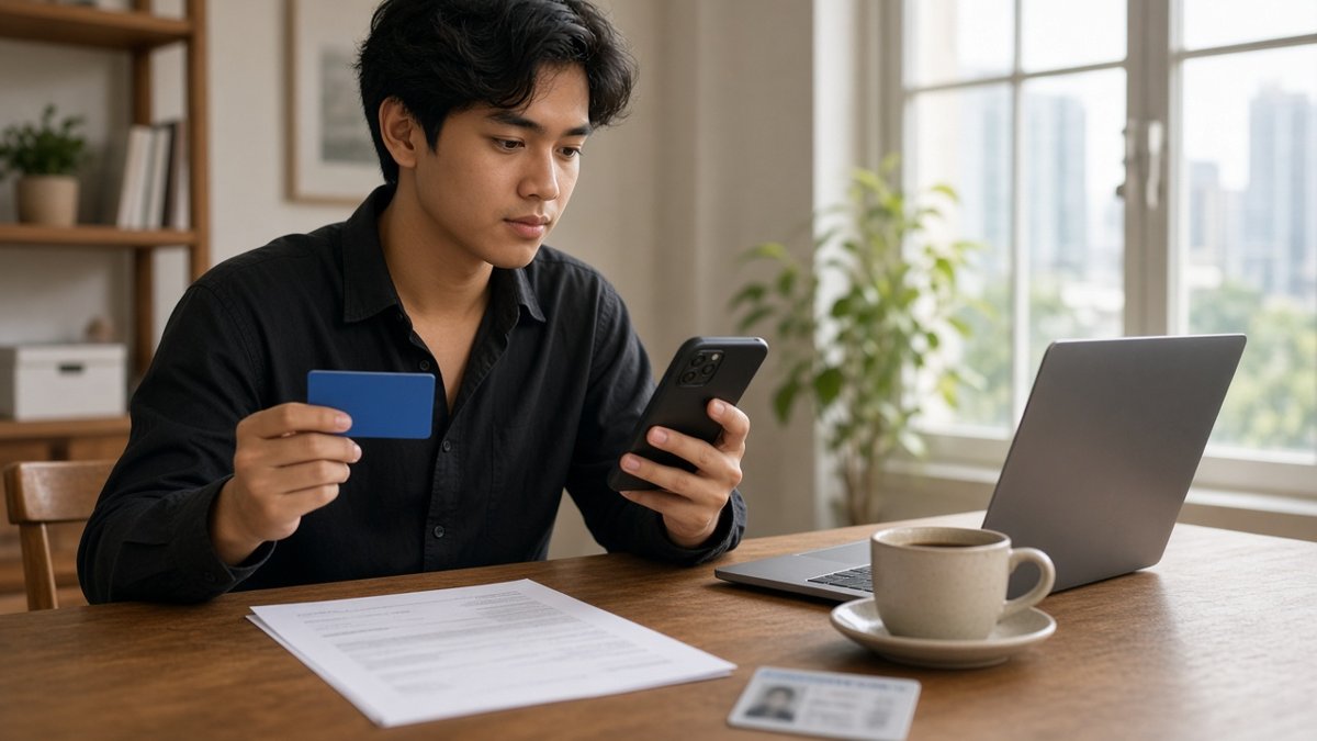 Young Filipino professional holding a blue credit card and smartphone at a desk with an ID, payslip and laptop