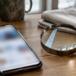 Smartphone with a blurred social feed beside a magnifying glass and newspaper, illustrating a fact check on the 14-vote rule