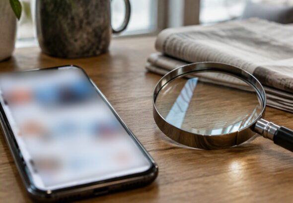 Smartphone with a blurred social feed beside a magnifying glass and newspaper, illustrating a fact check on the 14-vote rule