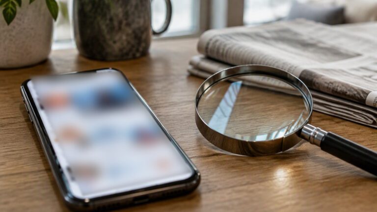 Smartphone with a blurred social feed beside a magnifying glass and newspaper, illustrating a fact check on the 14-vote rule