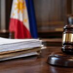 Gavel beside a stack of case files and a Philippine flag, illustrating a demurrer to evidence explainer