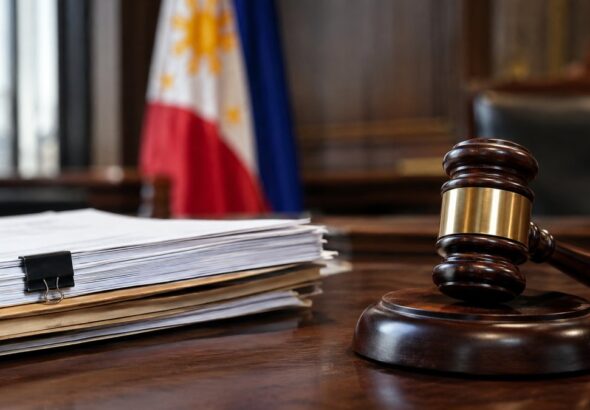 Gavel beside a stack of case files and a Philippine flag, illustrating a demurrer to evidence explainer