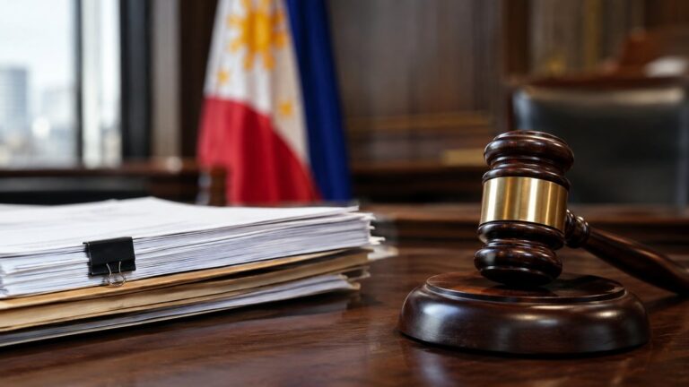 Gavel beside a stack of case files and a Philippine flag, illustrating a demurrer to evidence explainer