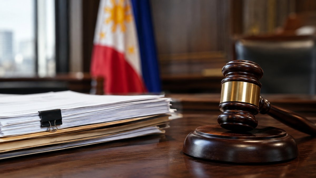 Gavel beside a stack of case files and a Philippine flag, illustrating a demurrer to evidence explainer