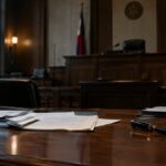 Empty courtroom with scattered papers on the counsel table, illustrating a mistrial explainer