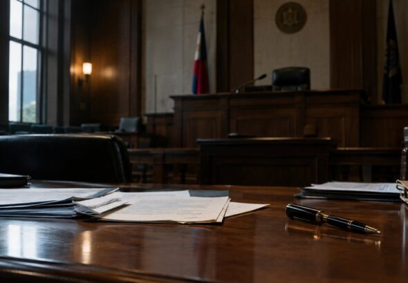 Empty courtroom with scattered papers on the counsel table, illustrating a mistrial explainer