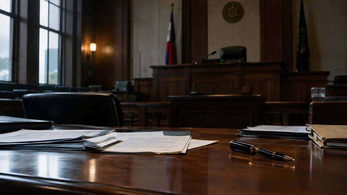 Empty courtroom with scattered papers on the counsel table, illustrating a mistrial explainer