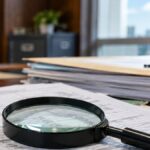 Magnifying glass over asset declaration forms and files, illustrating a SALN and unexplained wealth explainer