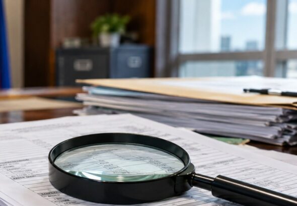 Magnifying glass over asset declaration forms and files, illustrating a SALN and unexplained wealth explainer