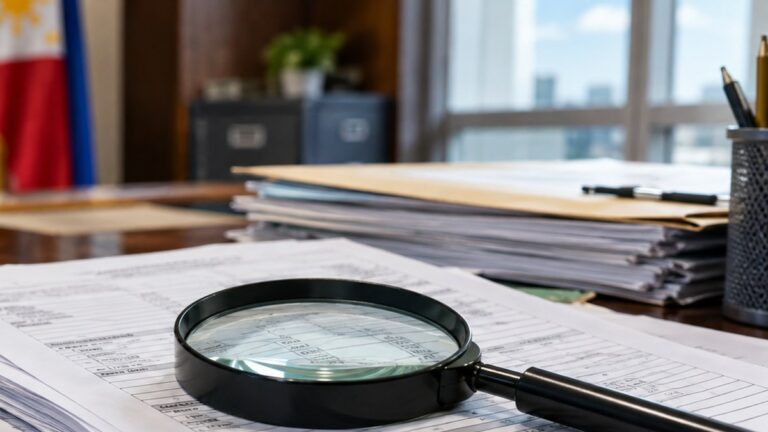 Magnifying glass over asset declaration forms and files, illustrating a SALN and unexplained wealth explainer