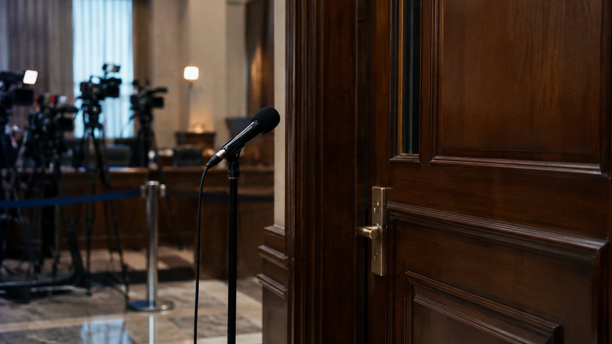 Microphone and media cameras outside a closed courtroom door, illustrating the sub judice rule