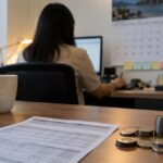 Office worker at a desk with a payslip, coins and a calendar, illustrating November 2026 holiday pay rules