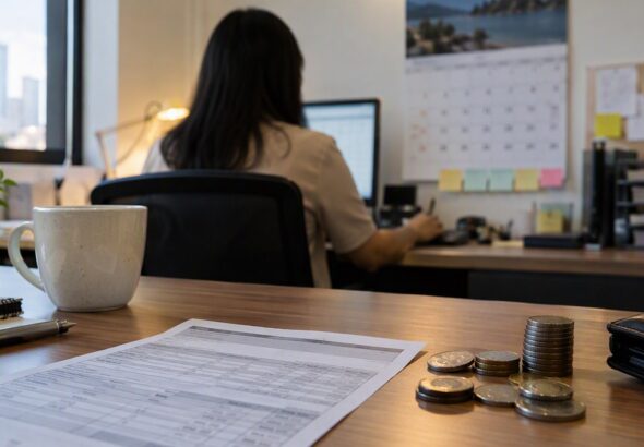 Office worker at a desk with a payslip, coins and a calendar, illustrating November 2026 holiday pay rules