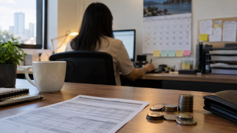 Office worker at a desk with a payslip, coins and a calendar, illustrating November 2026 holiday pay rules