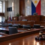Empty Senate session hall with a gavel and Philippine flag, illustrating the Sara Duterte impeachment trial hub