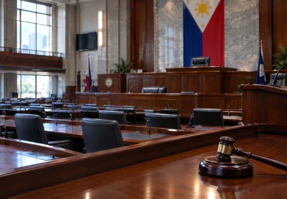 Empty Senate session hall with a gavel and Philippine flag, illustrating the Sara Duterte impeachment trial hub