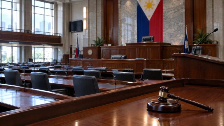 Empty Senate session hall with a gavel and Philippine flag, illustrating the Sara Duterte impeachment trial hub