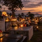 Philippine cemetery at dusk with candles and flowers on tombs during Undas 2026