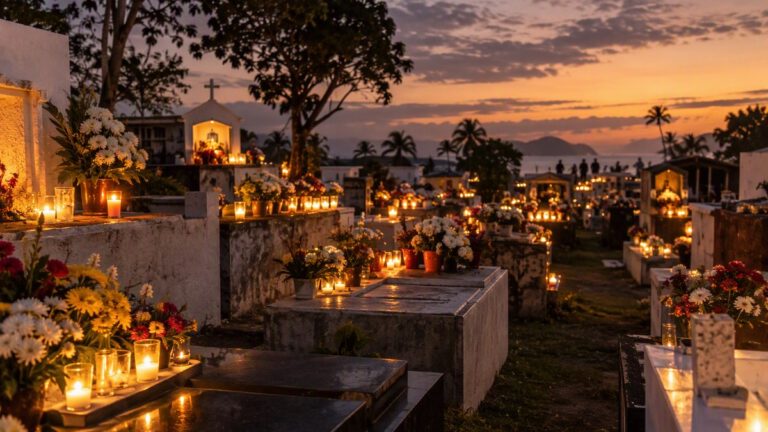 Philippine cemetery at dusk with candles and flowers on tombs during Undas 2026