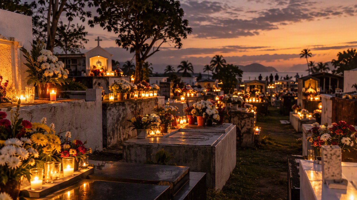 Philippine cemetery at dusk with candles and flowers on tombs during Undas 2026