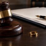 Judge's gavel and legal papers beside two separated wedding rings