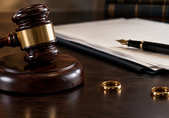 Judge's gavel and legal papers beside two separated wedding rings