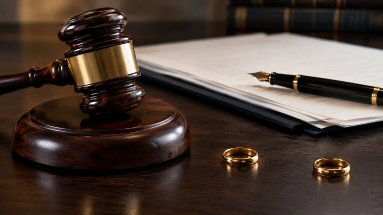 Judge's gavel and legal papers beside two separated wedding rings