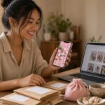 Filipino online seller smiling at a social media ad on her phone beside a laptop and packed parcels