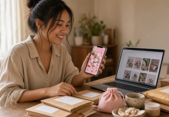 Filipino online seller smiling at a social media ad on her phone beside a laptop and packed parcels