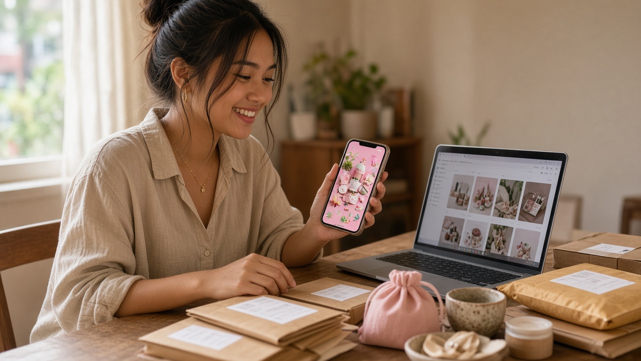 Filipino online seller smiling at a social media ad on her phone beside a laptop and packed parcels