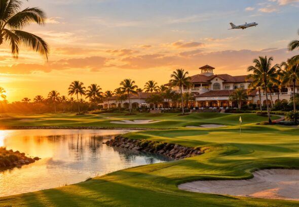 Palm-lined Florida golf course and clubhouse at sunset with a jet overhead