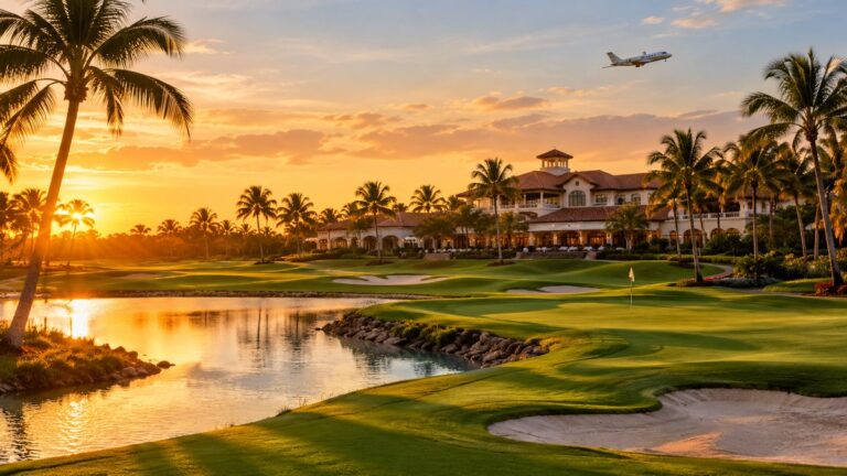 Palm-lined Florida golf course and clubhouse at sunset with a jet overhead