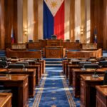 Empty legislative chamber with a Philippine flag behind the dais